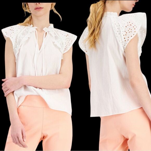 INC International Concepts Cotton Eyelet-Trim Top in the Size Large - Picture 1 of 13